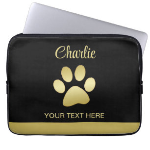 Funda Para Portátil Paw dorada de perro brillante sobre fondo negro