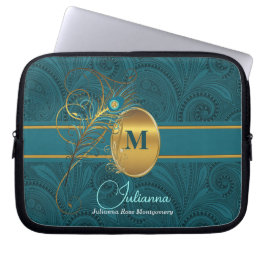 Funda Para Portátil Peacock Monogramado Elegante Paisley Verde azulado