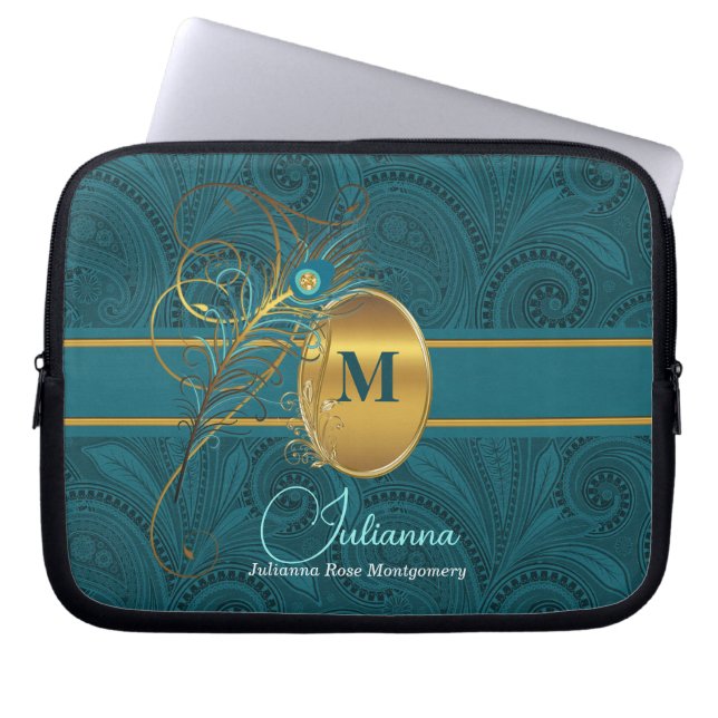 Funda Para Portátil Peacock Monogramado Elegante Paisley Verde azulado (Frente)