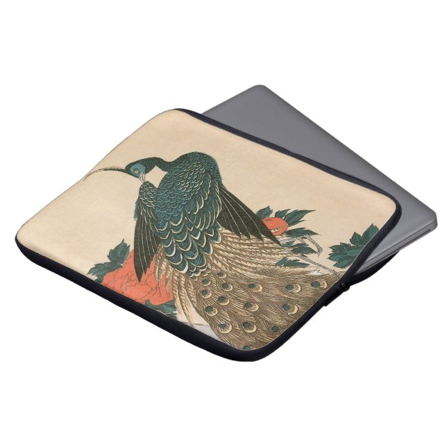Funda Para Portátil Peacock y peonías de Hiroshige, arte japonés (Superior anverso)