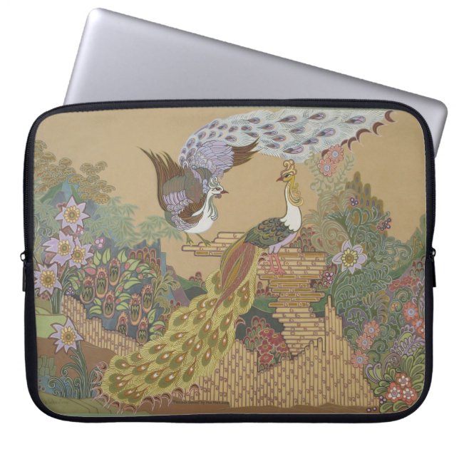 Funda Para Portátil Peacocks estilizados en jardín de flores (Frente)