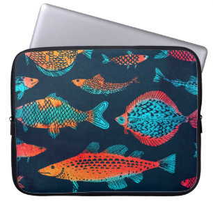 Funda Para Portátil Peces acuarelas: Azul profundo sin foco