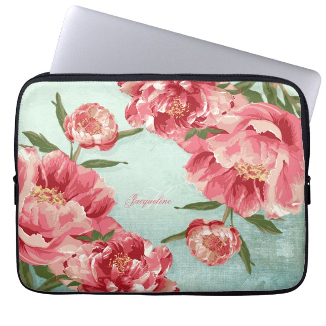 Funda Para Portátil Peonies retros bonitos de la zaraza de la flor (Frente)