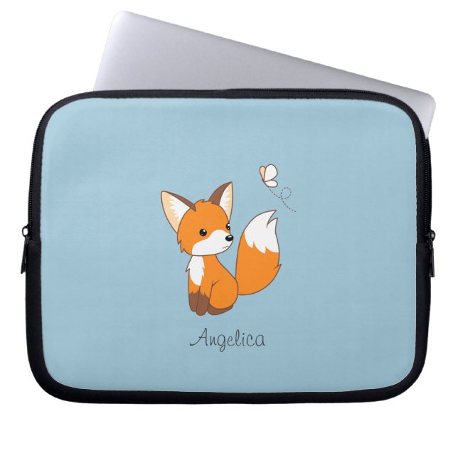 Funda Para Portátil Pequeño zorro lindo viendo mariposa (Frente)