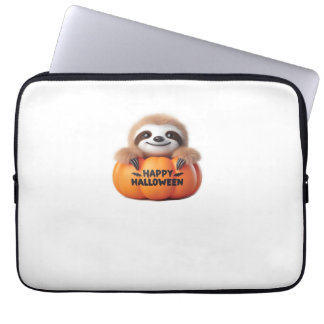 Funda Para Portátil Perezoso lindo sentado en una Calabaza. Texto Feli
