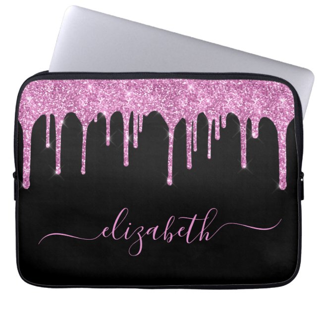 Funda Para Portátil Perforaciones rosadas purpurinas Negro personaliza (Frente)