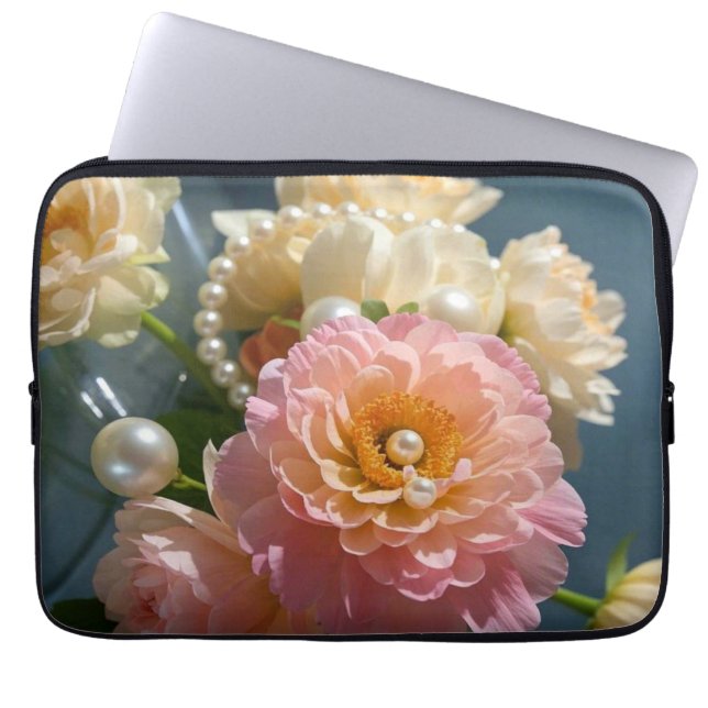 Funda Para Portátil Perlas con flores rosas (Frente)