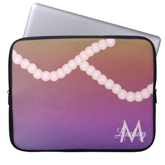 Funda Para Portátil Perlas de Arcoíris Brillo Rosa Monogramadas  (Frente)