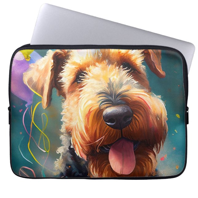 Funda Para Portátil Perro Airedale con gorra de cumpleaños y globos (Frente)