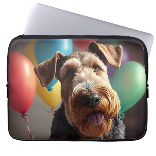 Funda Para Portátil Perro Airedale con torta y globos (Frente)