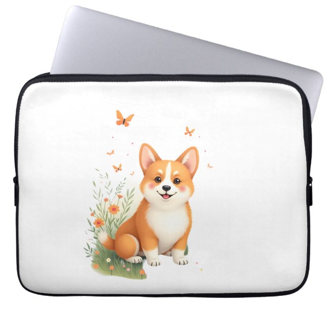 Funda Para Portátil Perro Akita con flor y camiseta con mariposa (Frente)