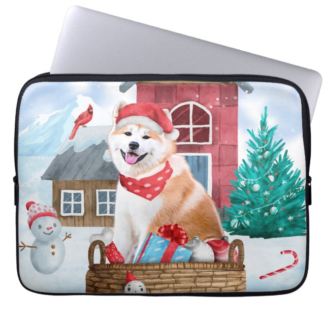 Funda Para Portátil Perro Akita En Casa De Perros De Navidades De Niev (Frente)