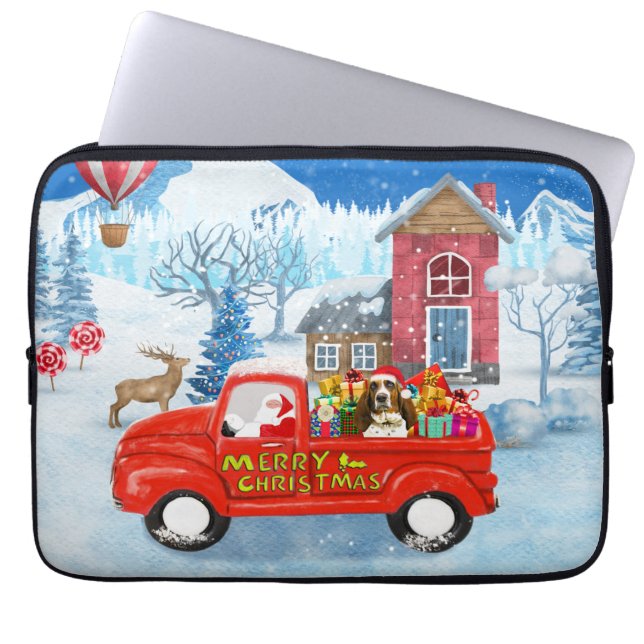 Funda Para Portátil Perro amarrado en Navidades con nieve en camión de (Frente)
