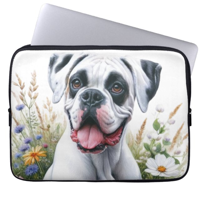 Funda Para Portátil Perro Boxer y Flores Silvestres  (Frente)