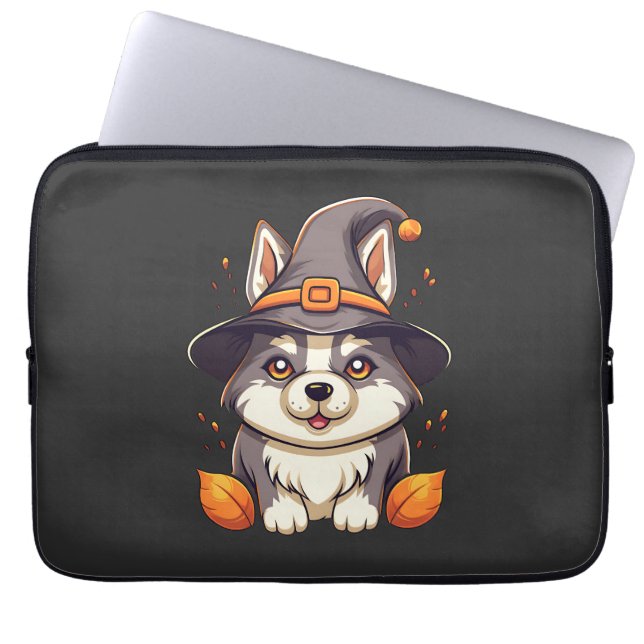 Funda Para Portátil Perro burlón en Halloween Gorra de bruja (Frente)