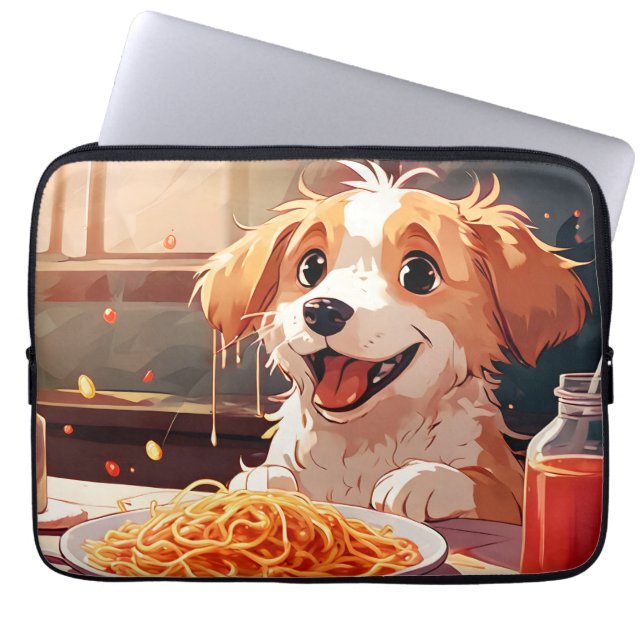 Funda Para Portátil Perro comiendo espagueti (Frente)