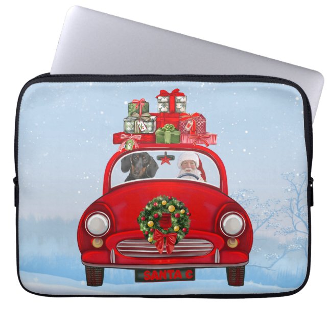 Funda Para Portátil Perro Dachshund En Coche Con Santa Claus (Frente)