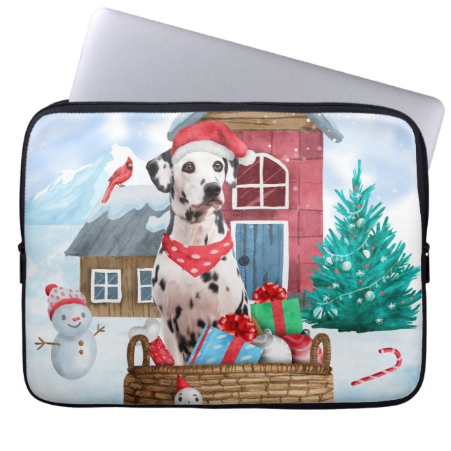 Funda Para Portátil Perro dálmata en la casa de perros de Navidades de (Frente)