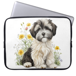 FUNDA PARA PORTÁTIL PERRO DE CACHORA HABANÉS CON FLORES DE SALVAJES