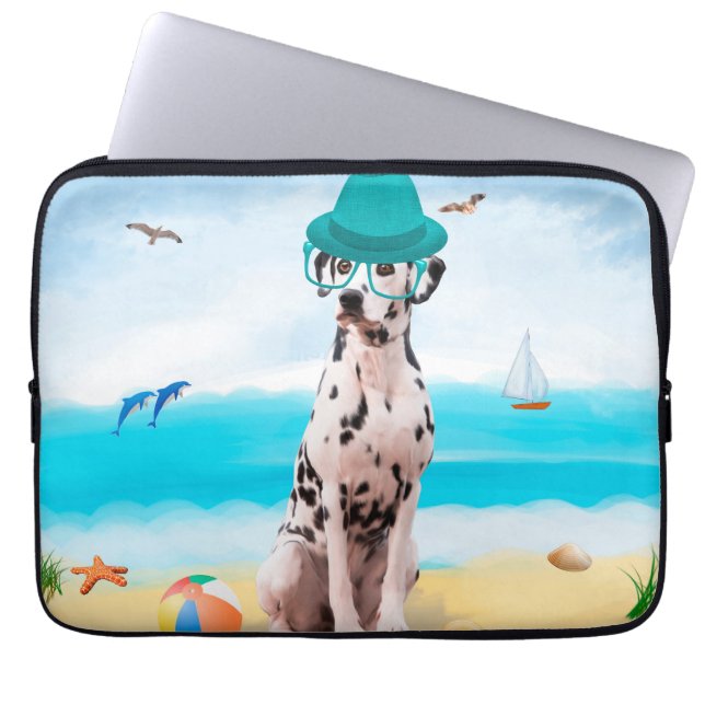 Funda Para Portátil Perro de dalmación en la playa (Frente)