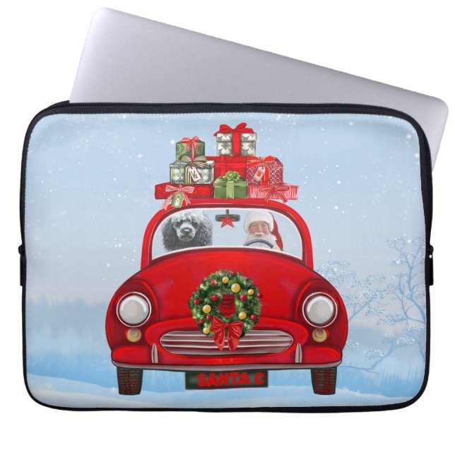 Funda Para Portátil Perro de perro caniche en auto con Santa Claus (Frente)