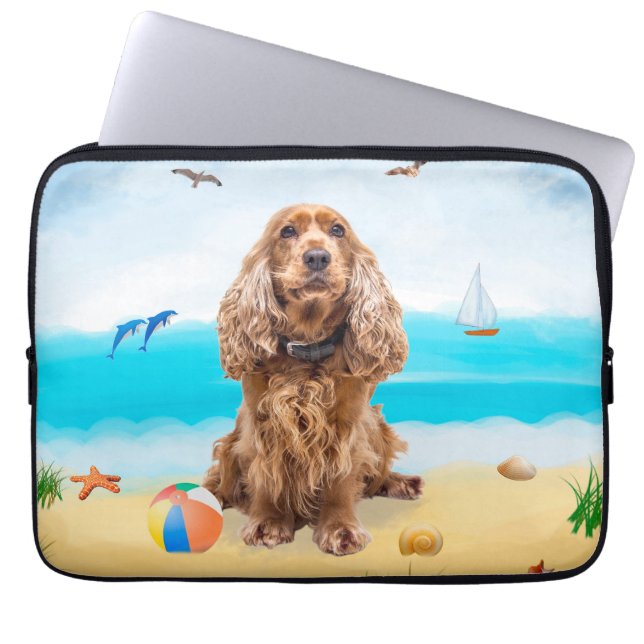 Funda Para Portátil Perro español Cocker en la playa (Frente)