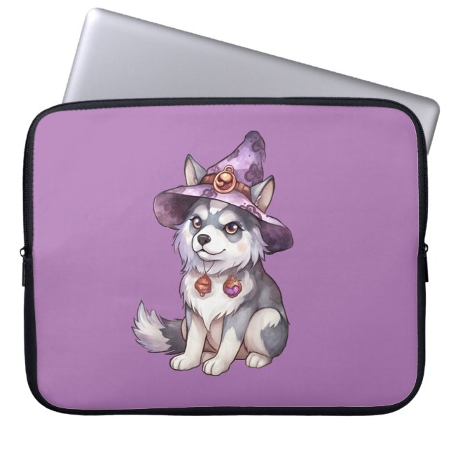Funda Para Portátil Perro esposado siberiano en Gorra de brujas (Frente)