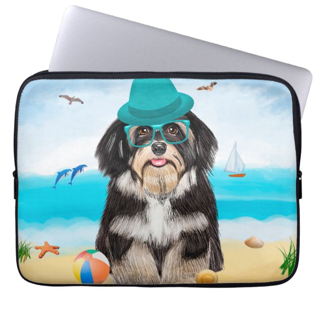 Funda Para Portátil Perro habanés en la playa (Frente)