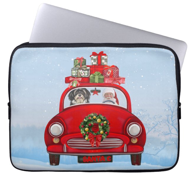 Funda Para Portátil Perro Havanés En Coche Con Santa Claus (Frente)