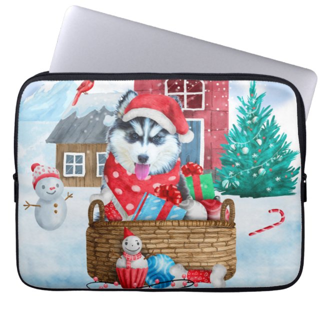 Funda Para Portátil Perro Husky Siberiano en casa de perros de Navidad (Frente)