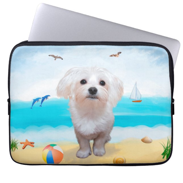 Funda Para Portátil Perro maltés en la playa (Frente)