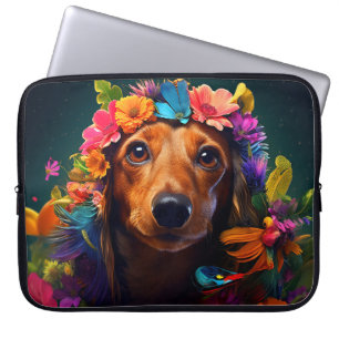 Funda Para Portátil Perro marrón colorido con guirnalda floral