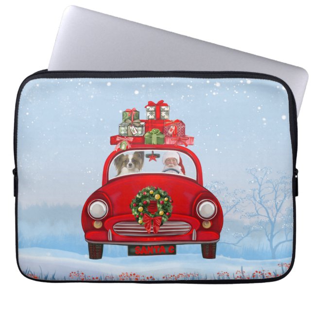 Funda Para Portátil Perro Papillon en auto con Santa Claus (Frente)