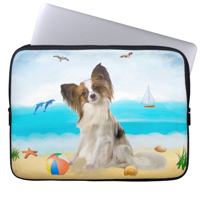 Funda Para Portátil Perro Papillon en la playa (Frente)