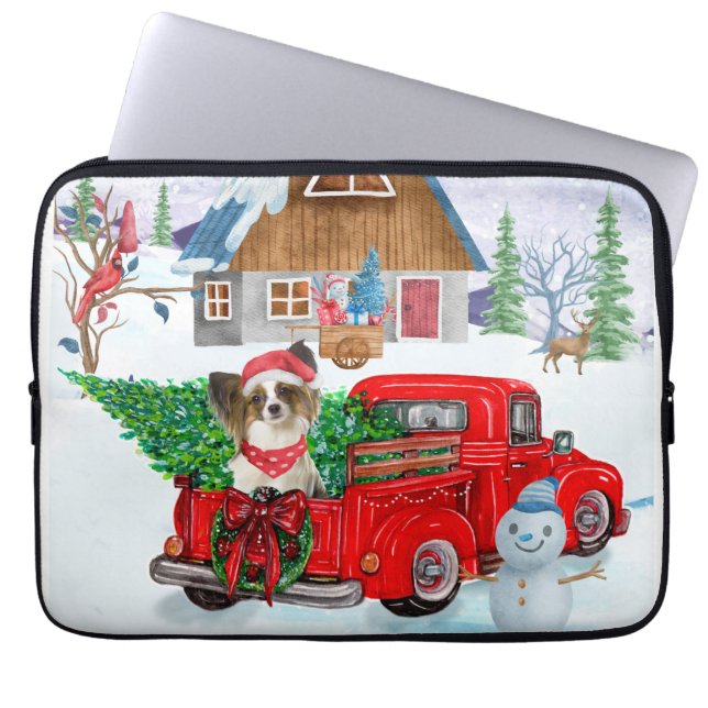Funda Para Portátil Perro Papillon En Nieve De Camión De Entrega De Na (Frente)