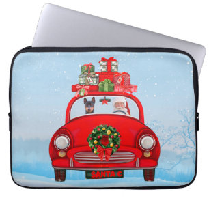 Funda Para Portátil Perro Pinscher en miniatura en auto con Santa Clau