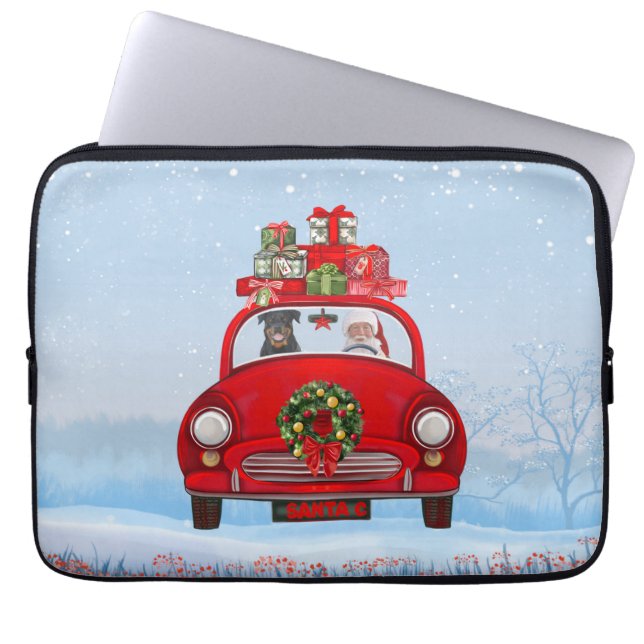 Funda Para Portátil Perro Rottweiler En Coche Con Santa Claus (Frente)