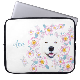 Funda Para Portátil Perro Samoyed y flores rosadas, nombre personaliza