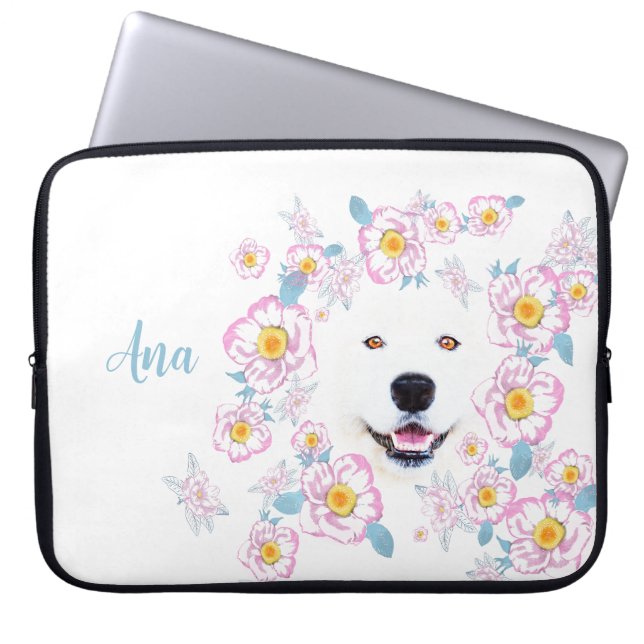 Funda Para Portátil Perro Samoyed y flores rosadas, nombre personaliza (Frente)