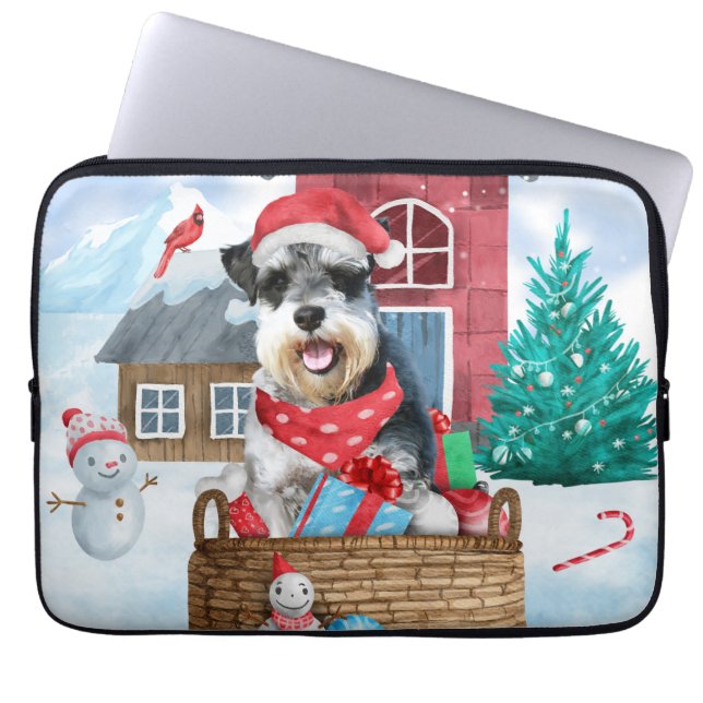 Funda Para Portátil Perro Schnauzer en la casa de perros de Navidades  (Frente)