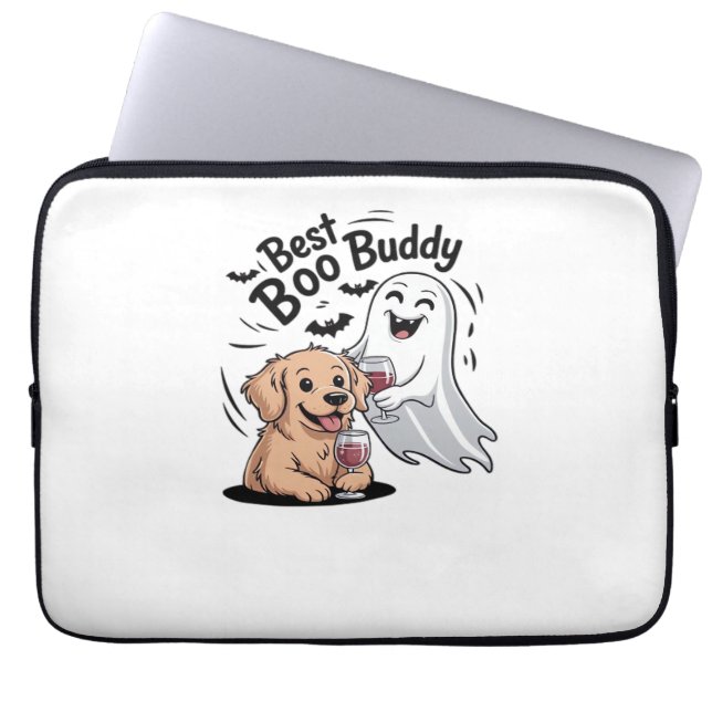 Funda Para Portátil Perro y fantasma bebiendo vino. Camiseta clásica (Frente)
