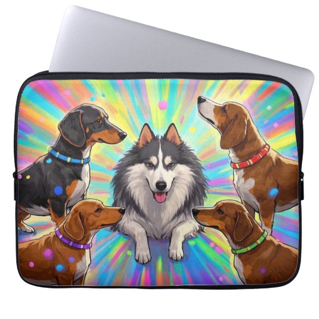 Funda Para Portátil Perros Cachorros con fondo de arcoiris (Frente)