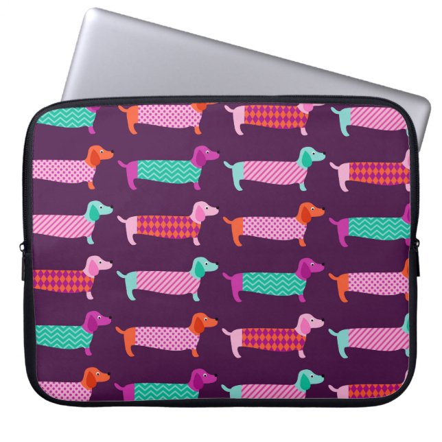 Funda Para Portátil Perros De Dachshund: Patrón Cuto Sin Marea. (Frente)