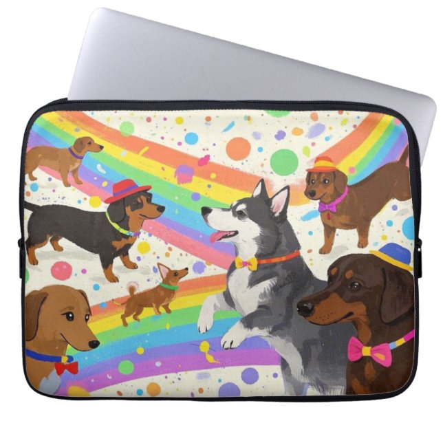 Funda Para Portátil Perros divertidos y bonitos con arco iris (Frente)
