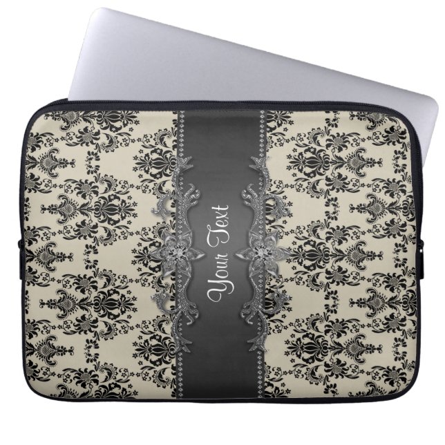 Funda para portátil personalizada de damasco negro (Frente)