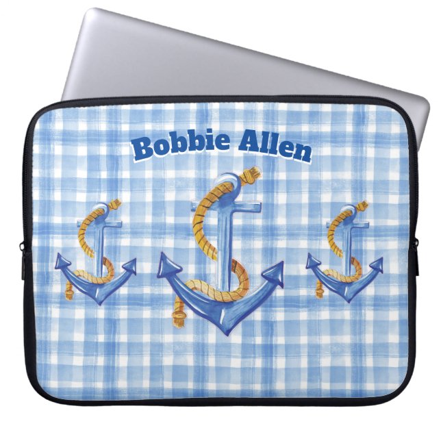 Funda Para Portátil Personalizado Anchor Y Rope Blue Gingham (Frente)