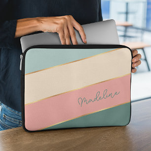 Funda Para Portátil Personalizado Coral Rubor Mint Green Ivory Stripe 