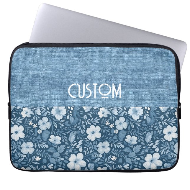 Funda Para Portátil Personalizado Elegante Botánico Azul Faux Denim As (Frente)
