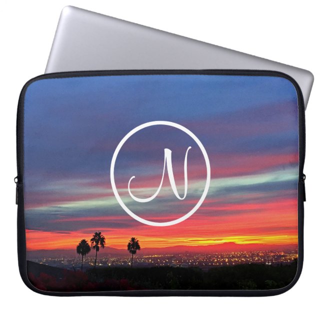 Funda Para Portátil personalizado fotográfico azul naranja monograma m (Frente)