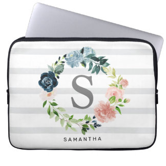 Funda Para Portátil Personalizado Monograma Floral Fondo gris